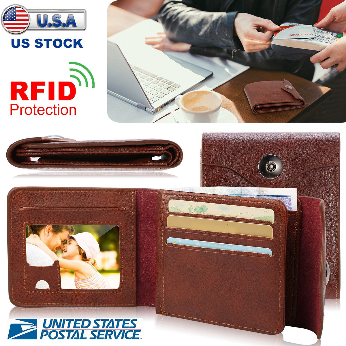 Men’s Wallet PU Leather Bifold Purse Slim RFID Blocking Card Holder Cases w/ 2 ID Window Coin Pocket