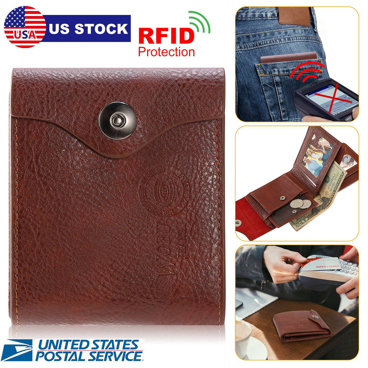 MenÕs Wallet PU Leather Bifold Purse Slim RFID Blocking Card Holder Cases w/ 2 ID Window Coin Pocket